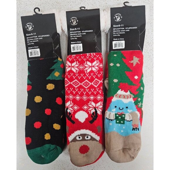Women Thick Winter Fuzzy Socks Non-Slip Grip, Cozy Christmas Designs 3-Pack 6-11 - Picture 2 of 5